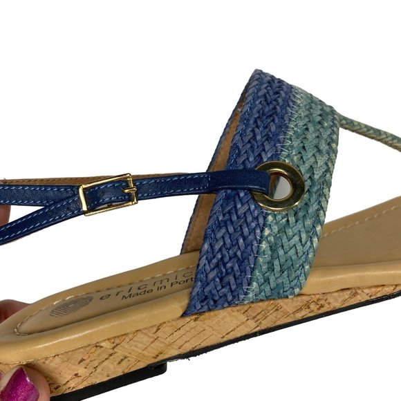 Eric Michael leather T strap thong wedge sandal blue teal heel strap Sz 40 / 9 - Picture 4 of 13